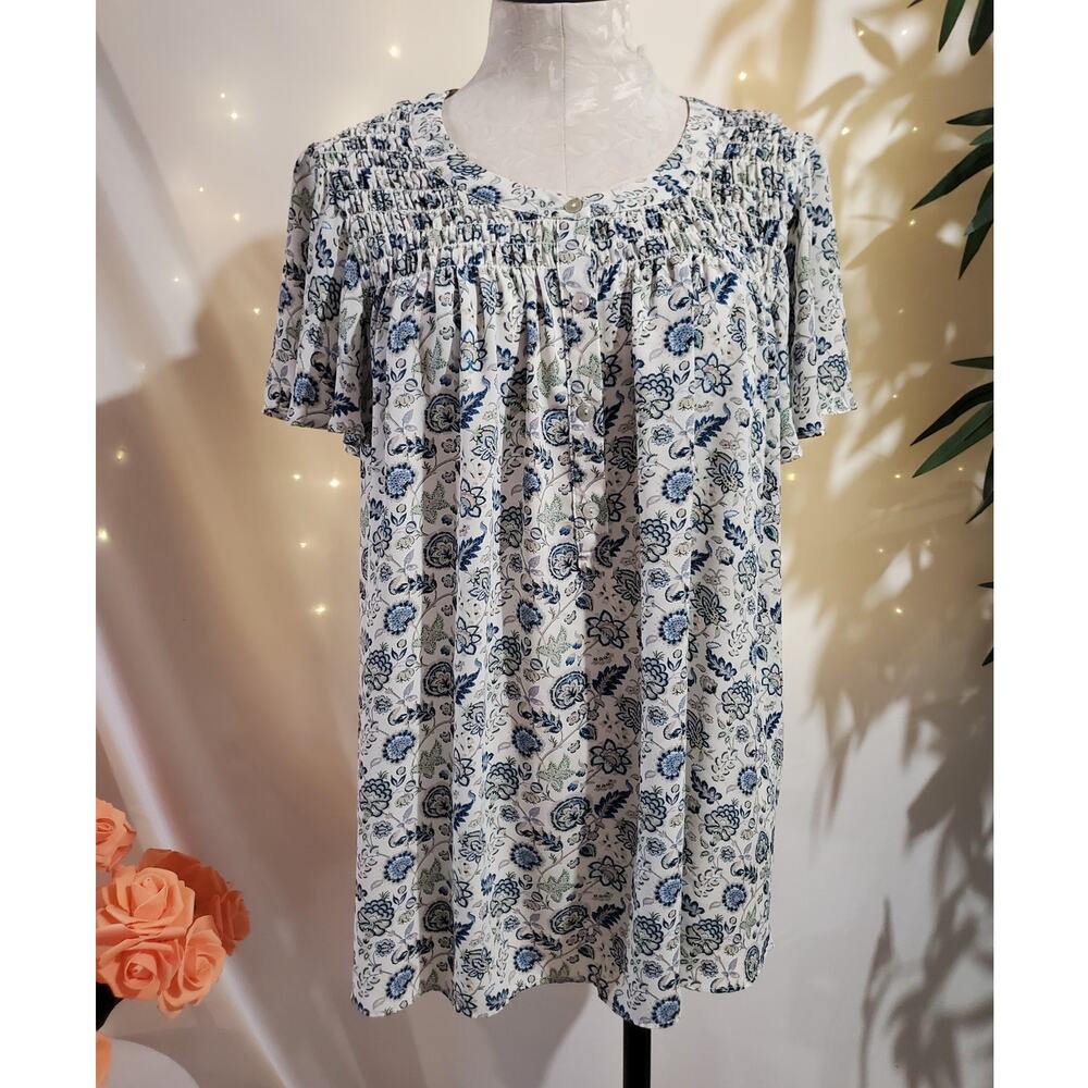 Rose + Olive Womens Floral Smocked Flutter Sleeve Popover Blouse Size 1X Cottage